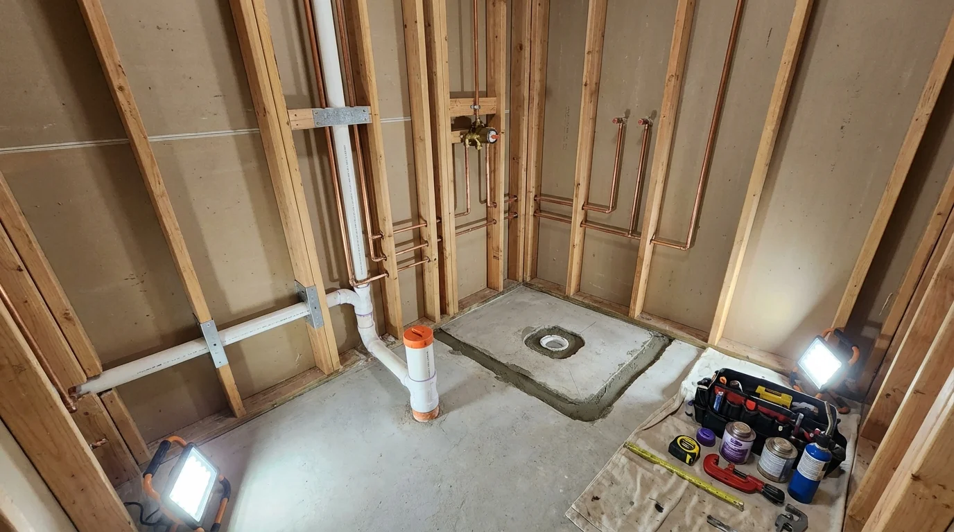 Bathroom rough-in plumbing during remodel by Johns Plumbing LLC in Hinesburg