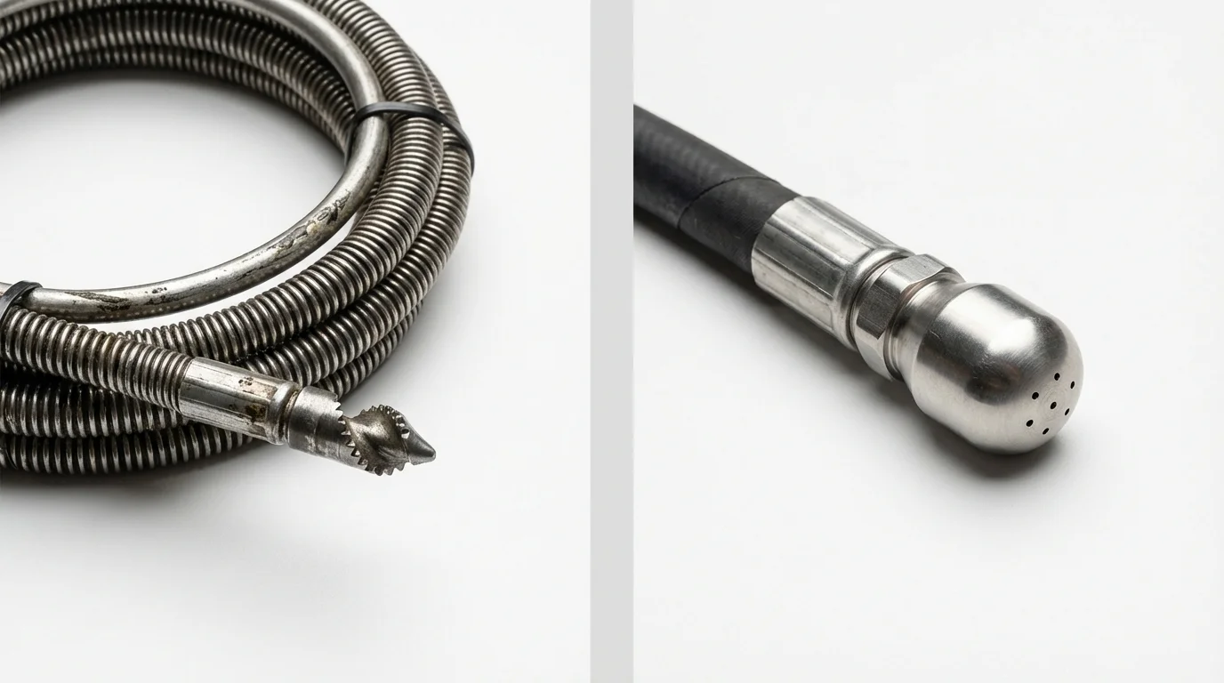 Drain snake cable and hydro jetting nozzle used for drain cleaning in Hinesburg, VT