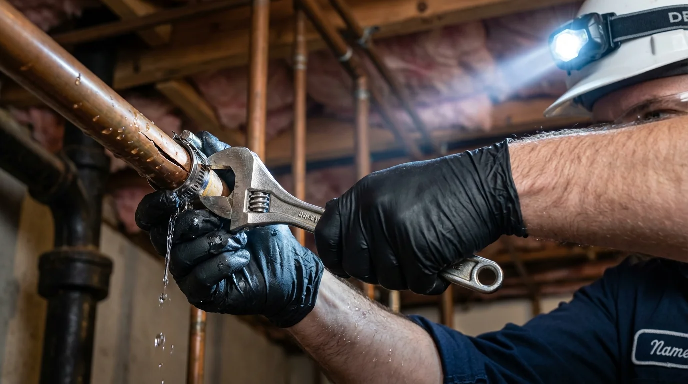 Emergency pipe clamp repair being performed by a Johns Plumbing LLC plumber in Hinesburg