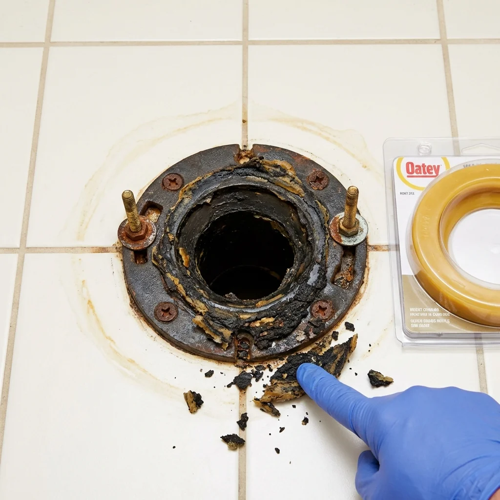 Failed wax ring showing water seepage at the base of a toilet in a Hinesburg, VT home